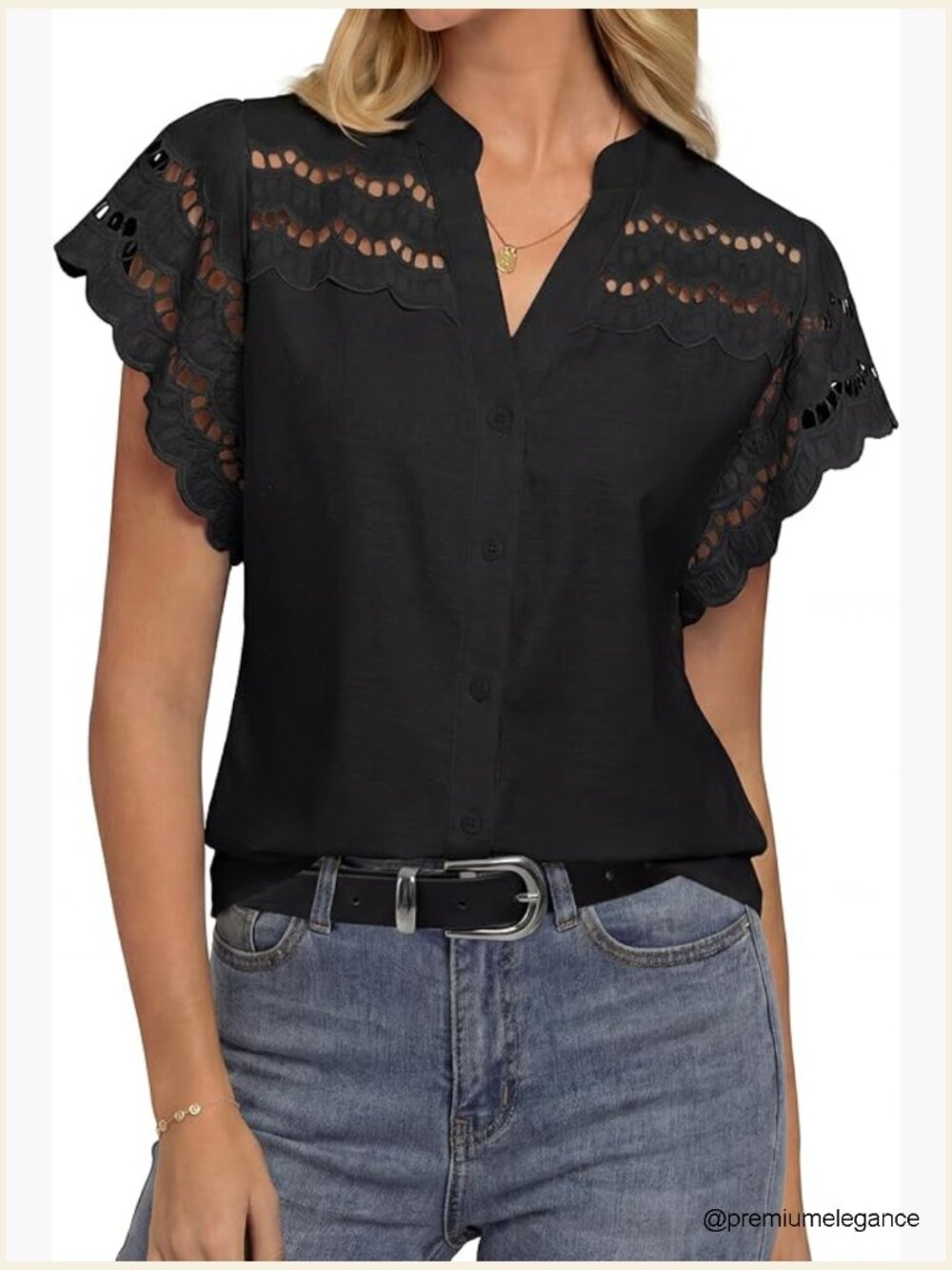 Cotton Linen Eyelet Flowy Blouse V-Neck Button Down Shirt
